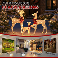 HAOYYE Champagne Family Elk Courtyard Decoration with Iron Frame Pre-Lit 3pcs Set for Outdoor Garden Lawn Holiday Christmas Yard Display Festive Home Décor