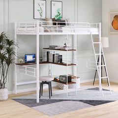 HAOYYE Twin Size Metal Loft Bed and Built-in Desk and Shelves,White Sturdy Space-Saving Heavy Duty Modern Design Adults Dorm Room Easy Assembly Bedroom Furniture