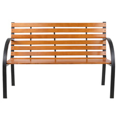 Haoyye Outdoor Patio Garden Bench with Slatted Hardwood Seat and Decorative Cast Iron Frame, Weather Resistant Park Style Seating for Porch, Lawn, Deck or Courtyard, Durable and Elegant Design for Home or Commercial Use