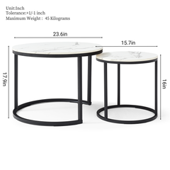 HAOYYE Set of 2 Round Nesting Coffee Tables with White and Gray Marble Pattern Tops and Black Metal Frame, Modern Industrial Accent Side Tables for Living Room Bedroom Apartment Office or Small Spaces