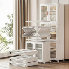 HAOYYE Tall Bathroom Storage Cabinet with Doors and Wheels Narrow Movable Freestanding Organizer with Adjustable Shelves Foldable Stackable Plastic Cabinet for Bathroom Living Room and Small Spaces