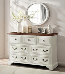 HAOYYE Farmhouse 7-Drawer Dresser With Rustic Natural Texture, Vintage Design Storage Chest, Organizer For Bedroom, Living Room, Hallway, Antique White Sturdy Space-Saving Furniture