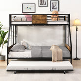 HAOYYE Twin Over FULL Metal Bunk Bed with Trundle 2 - Side Ladder and Full-Length Guardrail, No Box Spring Needed, Large Under Bed Storage, Easy Assemble , Black & Brown Sturdy Space-Saving Heavy Duty