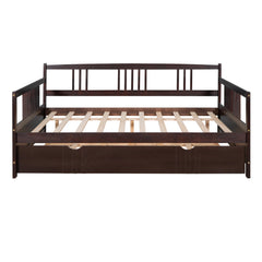 HAOYYE Full Size Daybed Wood Bed with Twin Size Trundle,Espresso Sturdy Space-Saving Heavy Duty Modern Design Adults Dorm Room Easy Assembly Bedroom Furniture