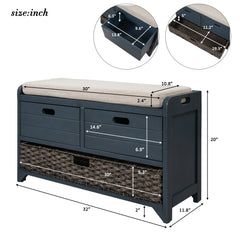 HAOYYE Storage Bench with Removable Basket and Two Drawers, Fully Assembled Shoe Bench with Removable Cushion, Navy, Sturdy Space-Saving Design, Heavy Duty Construction, Easy Assembly, Durable and Stylish Home Furniture