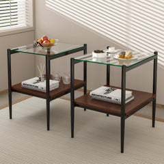 HAOYYE Set of 2 Rectangle End Table, Tempered Glass Tabletop with MDF layer, Modern Table for Living Room , Transparent Glass Sturdy Space-Saving Heavy Duty Modern Design Adults Dorm Room Easy Assembly