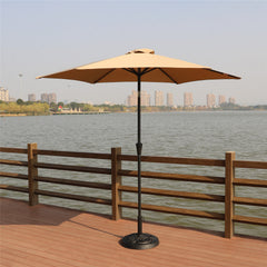 HAOYYE 8.8 Ft Outdoor Aluminum Patio Umbrella with 33 Pound Round Resin Base, Taupe Market Umbrella Featuring Push Button Tilt and Crank Lift, UV-Resistant Canopy for Backyard Garden Deck Poolside Sun Shade