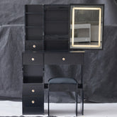 HAOYYE Compact Vanity Desk with Left Drawer, Cushioned Stool, Sliding Touch LED Mirror, Tri-Color Lighting, Adjustable Brightness, Multi-Layer Storage, EPA GCC UL Certified for Small Spaces