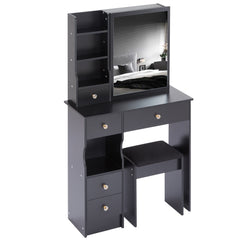 HAOYYE Small Size Left Drawer Desktop Vanity Table + Cushioned Stool, Extra Large Sliding Mirror, Multi Layer, High Capacity Storage Fashionable Dresser, Suitable for Small Space, EPA,GCC,UL Certificate