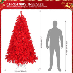 HAOYYE Red 7ft Artificial Christmas Tree, Unlit Hinged Pine Tree with 1100 Branch Tips, Sturdy Metal Stand, Easy Assembly Holiday Decoration for Home Living Room Office Party Seasonal Décor