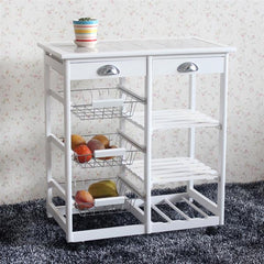 HAOYYE Rolling Kitchen Island Cart with Drawers, Baskets & Shelves, White Wooden Serving Cart with Stainless Steel Handles, Mobile Kitchen Storage Organizer for Dining Room, Durable Modern Kitchen Trolley with Wine Rack, Easy-Access Storage Space