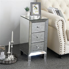 HAOYYE Modern Mirrored Nightstand with 3 Drawers, Contemporary Bedside Table with Glass Surface and Crystal Knobs, Stylish Storage Cabinet for Bedroom Living Room Decor