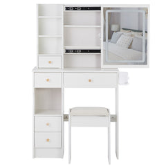HAOYYE Compact Vanity Table With Left Drawer, Cushioned Stool, Touch-Control Sliding LED Mirror With Tri-Color Switching, Built-In Power Station, Hair Dryer Bracket, Certified By EPA, GCC, And UL