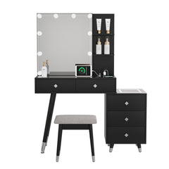 HAOYYE Vanity Table with LED Three-Tone Mirror, 5 Drawers, 2-Layer Shelf, Mirror Cabinet, Pitted Particle Board with Triamine Coating, Solid Wood Legs with Copper Sheath, Makeup Table for Bedroom, Dressing Room, or Bathroom