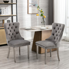 HAOYYE High-end Tufted Solid Wood Contemporary Velvet Upholstered Dining Chair with Chrome Stainless Steel Plating Legs,Nailhead Trim,Set of 2,Gray and Chrome, SW1701GY