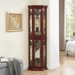 HAOYYE Corner Curio Cabinet with Built-In Lights, Adjustable Tempered Glass Shelves, Mirrored Back Panel, Modern Display Cabinet, Cherry Finish, Sturdy and Space-Saving Design, Ideal for Living Room or Dining Room
