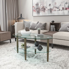 HAOYYE Transparent Oval glass coffee table, modern table in living room Oak wood leg tea table 3-layer glass table Sturdy Space-Saving Heavy Duty Modern Design Adults Dorm Room Easy Assembly