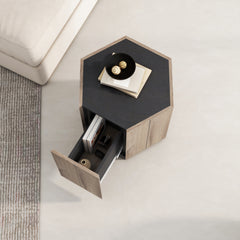 HAOYYE Hexagonal Rural-Style Side Table with Drawer, Textured Black and Warm Oak, Sturdy Space-Saving Design, Heavy Duty Construction, Modern Rustic Furniture for Living Room, Bedroom, or Corner Spaces