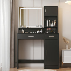 HAOYYE Vanity Desk with Mirror and LED Light Strip, Dressing Table with Large Drawer and Three-Level Storage, Black, Sturdy Space-Saving Design, Adjustable Brightness in Three Lighting Modes, Durable and Stylish Home Furniture