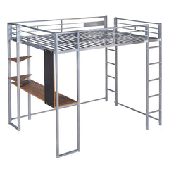 HAOYYE Full Size Metal Loft Bed with 2 Built-in Shelves & Desk, Silver – Space-Saving Design with Sturdy Metal Frame, Includes Full-Length Guardrails & Ladder, No Box Spring Needed, Perfect for Small Bedrooms & Dorm Rooms