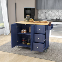 HAOYYE Rolling Mobile Kitchen Island with Drop Leaf - Solid Wood Top, Locking Wheels & Storage Cabinet 52.7 Inch Width(Dark blue) Sturdy Space-Saving Heavy Duty Modern Design Adults Dorm Room