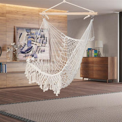 HAOYYE Beige Cotton Rope Sling With Tassel Hammock Style Lightweight Portable Hanging Chair for Outdoor Use Easy to Hang and Store Relaxing Backyard Camping Travel Accessory