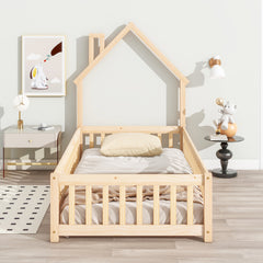 HAOYYE Twin House-Shaped Headboard Floor Bed with Fence ,Natural Sturdy Space-Saving Heavy Duty Modern Design Adults Dorm Room Easy Assembly Bedroom Furniture