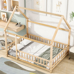HAOYYE Full Size Floor Wooden Bed with House Roof Frame, Fence Guardrails ,Nartural Sturdy Space-Saving Heavy Duty Modern Design Adults Dorm Room Easy Assembly Bedroom Furniture