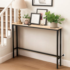 HAOYYE Oak Narrow Console Sofa Table With Built-In Power Outlets And USB Ports, Skinny Couch Table With Metal Frame And Charging Station With Extension Cord, Space Saving Sofa Table For Apartments Dorms And Living Rooms