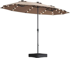 HAOYYE 15x9ft Large Double Sided Rectangular Outdoor Patio Market Umbrella with Lights and Base Taupe Twin Canopy Sun Shade for Deck Backyard Garden Poolside Balcony Heavy Duty Waterproof UV Resistant Fabric with Easy Crank Lift Design