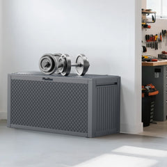 HAOYYE Outdoor Storage Deck Box Grey Plastic Garden Chest with Lockable Lid and Wheels Waterproof UV Resistant for Tools Cushions Toys Patio Garage Backyard Use Durable Weatherproof Portable Organizer 90Gal Capacity