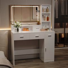 HAOYYE White dressing table with LED 3-color illuminated mirror and power outlet, dressing table with drawers, storage box and shelf, dressing table with bedroom cushioned stool