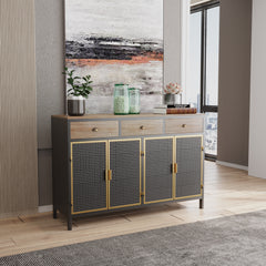 HAOYYE Modern Sideboard With 4 Doors And 3 Top Drawers, Freestanding Storage Cabinet For Entryway, Living Room, Office, Or Bedroom, Sturdy Space-Saving Heavy Duty Design