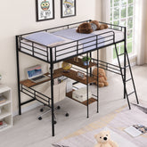 HAOYYE Twin Size Metal Loft Bed and Built-in Desk and Shelves,Black Sturdy Space-Saving Heavy Duty Modern Design Adults Dorm Room Easy Assembly Bedroom Furniture