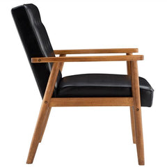 HAOYYE Retro Modern Wooden Single Chair With Black PU Upholstery, Comfortable High Back Design, Sturdy Solid Wood Frame, Elegant Living Room Accent Seating, Durable And Stylish Home Furniture