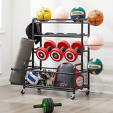 HAOYYE 4-Tier Metal Storage Organizer with Rolling Wheels for Basketball Sports Equipment Organizer for Yoga Mat Larger Ball Storage Rack with Baskets and Hooks, Indoor or Outdoor for Tennis Racket,Football