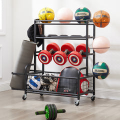 HAOYYE 4-Tier Metal Storage Organizer with Rolling Wheels for Basketball Sports Equipment Organizer for Yoga Mat Larger Ball Storage Rack with Baskets and Hooks, Indoor or Outdoor for Tennis Racket,Football