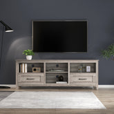 HAOYYE TV Stand for Living Room and Bedroom, with Two Drawers and Four Storage Compartments, Grey Walnut, Sturdy Space-Saving Design, Heavy Duty Construction, Easy Assembly, Durable and Stylish Home Furniture