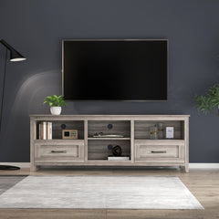 HAOYYE TV Stand for Living Room and Bedroom, with Two Drawers and Four Storage Compartments, Grey Walnut, Sturdy Space-Saving Design, Heavy Duty Construction, Easy Assembly, Durable and Stylish Home Furniture