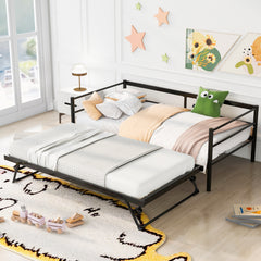 HAOYYE Twin Size Metal Daybed with Adjustable Trundle, Pop Up Trundle, Black Sturdy Space-Saving Heavy Duty Modern Design Adults Dorm Room Easy Assembly Bedroom Furniture