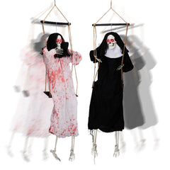 HAOYYE Black Outdoor Halloween Decorations Hanging Ghosts with Light Up Eyes and Screaming Sound, 2 Pack Grim Reaper Halloween Props for Yard Patio Garden Porch, Battery Powered Spooky Halloween Decor