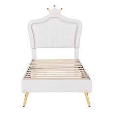 HAOYYE Twin Size Upholstered Bed Frame with LED Lights, Modern Upholstered Princess Bed With Crown Headboard,White Sturdy Space-Saving Heavy Duty Modern Design Adults Dorm Room Easy Assembly