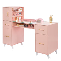 HAOYYE Pink Nail Table with Tempered Glass Top and Relief Particle Board Finish, Featuring Three Doors and Two Drawers, Fanless Quiet Design Perfect for Salon Manicure Station or Home Beauty Workspace