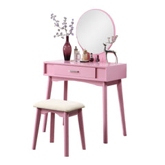 HAOYYE Maly Contemporary Wood Vanity and Stool Set, Pink Makeup Vanity Table with Storage Drawers, Elegant Dressing Table with Round Mirror and Cushioned Stool, Stylish and Compact Vanity Desk for Bedroom, Apartment, or Makeup Room
