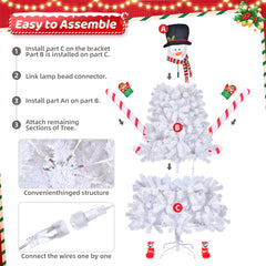 HAOYYE 6.5ft White Flocking Snowman Shape Christmas Tree with 700 PVC Branches, 140 Cool Color LED Lights with 8 Modes, Automatic Tree Structure for Festive Home Decoration, Durable Flame-Retardant Material, Easy Assembly