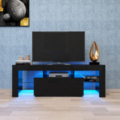 HAOYYE Black TV Stand with LED RGB Lights,Flat Screen TV Cabinet, Gaming Consoles - in Lounge Room, Living Room and Bedroom(Black) Sturdy Space-Saving Heavy Duty Modern Design Easy Assembly Durable Stylish