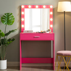HAOYYE Vanity Desk with Mirror and Lights, Dressing Table with Large Drawer, 1 Level Storage Dresser & 3 Lighting Modes Adjustable Brightness, Suitable for Bedroom(Pink)