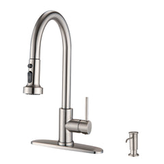 HAOYYE Stainless Steel Pull Down Kitchen Faucet with Soap Dispenser Brushed Nickel Sturdy Space-Saving Heavy Duty Modern Design Adults Dorm Room Easy Assembly Bedroom Furniture