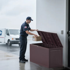 HAOYYE Brown Outdoor Garden Storage Deck Box Chest Lockable Plastic Container with Wheels Durable Weather Resistant Large Capacity for Tools Cushions Toys Patio Backyard and Lawn