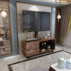 HAOYYE Rustic Brown TV Console with push-to-open Storage Cabinet for TV up to 65in Wood &glass TV Stand for Living Room Bedroom Sturdy Space-Saving Heavy Duty Modern Design Adults Dorm Room